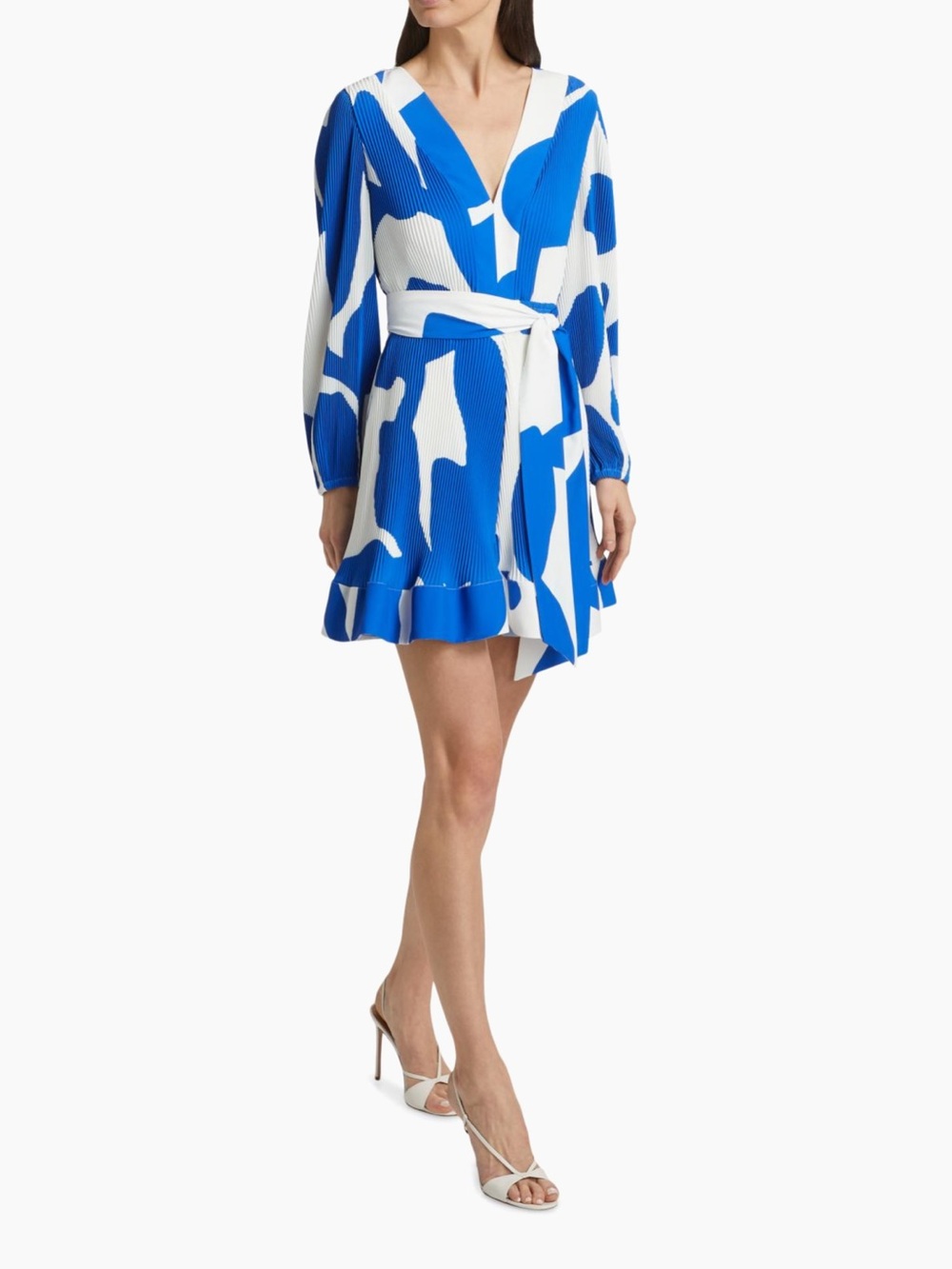 Milly Blue and White Pleated Wrap-Front Long Sleeve Dress - Picture 5 of 6